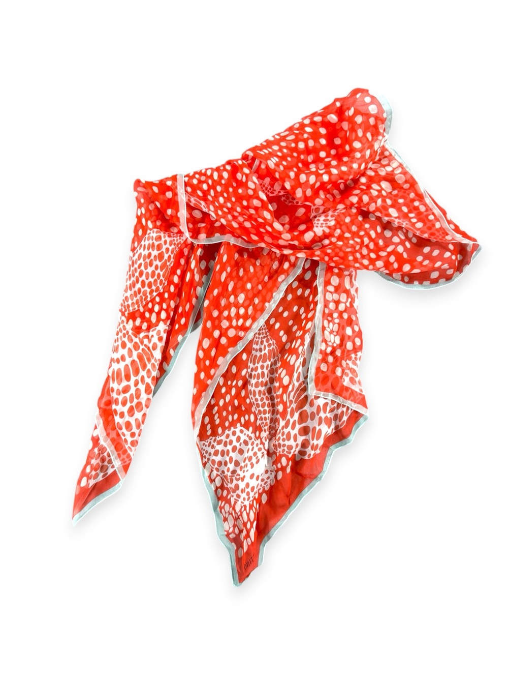Vintage Valentino Silk Shell Print Bright Coral Scarf with Blue Trim